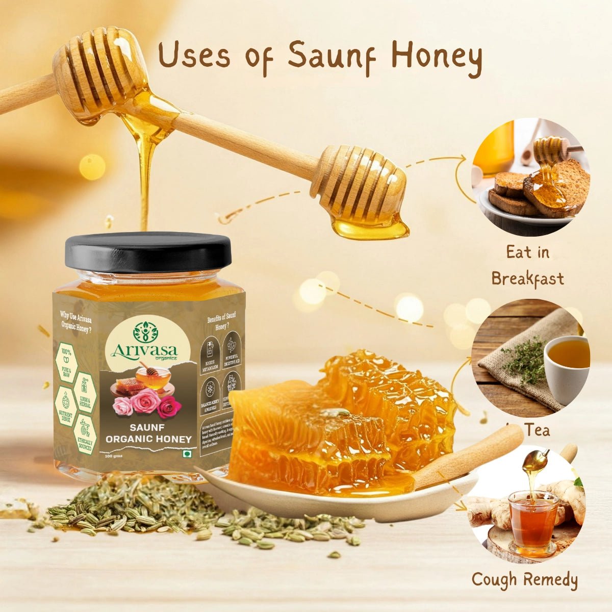 Saunf Organic Honey | Pure, Aromatic & NMR Lab - Tested - Arivasa Organics - 100 gms - 