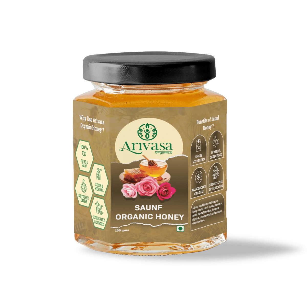 Saunf Organic Honey | Pure, Aromatic & NMR Lab - Tested - Arivasa Organics - 100 gms - 