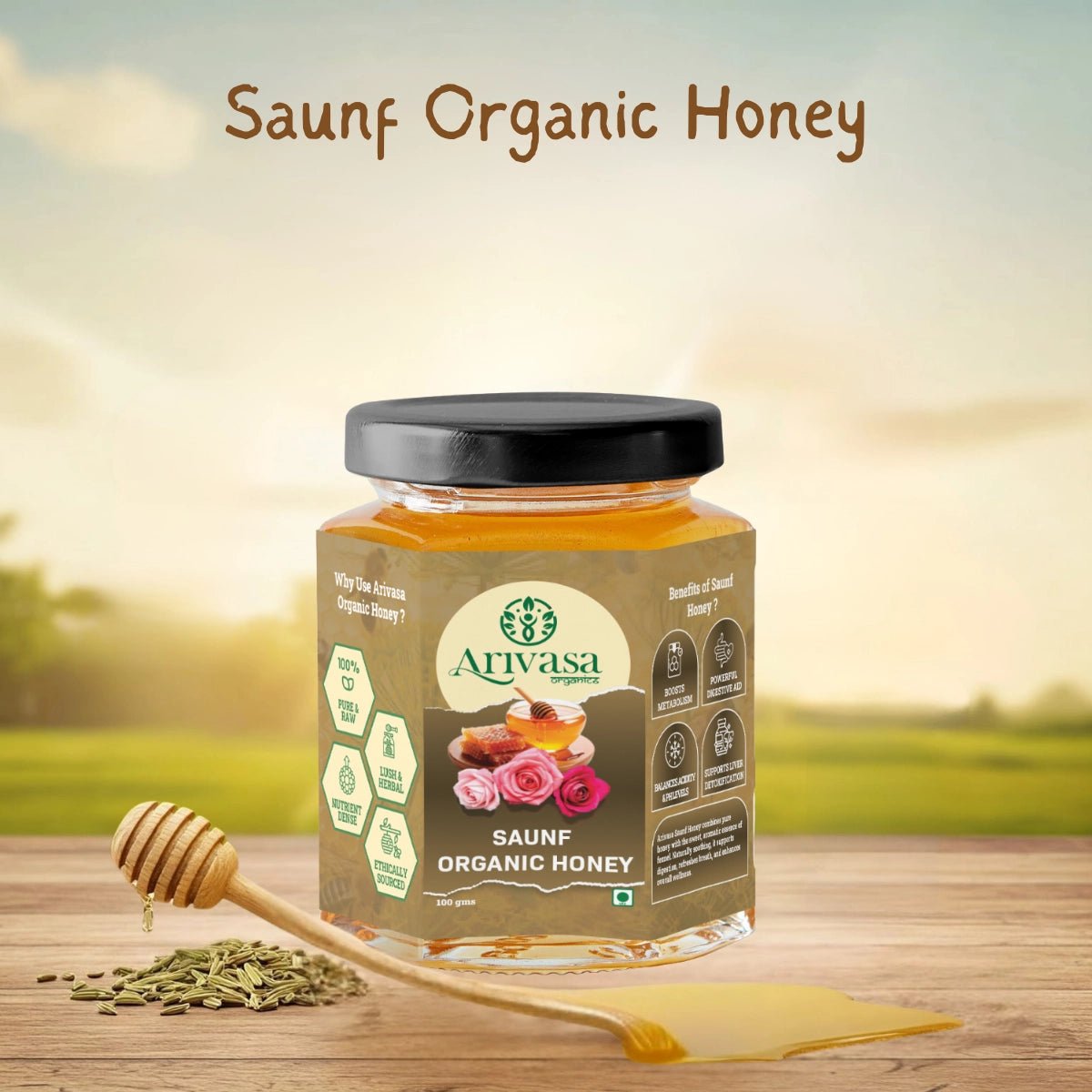 Saunf Organic Honey | Pure, Aromatic & NMR Lab - Tested - Arivasa Organics - 100 gms - 