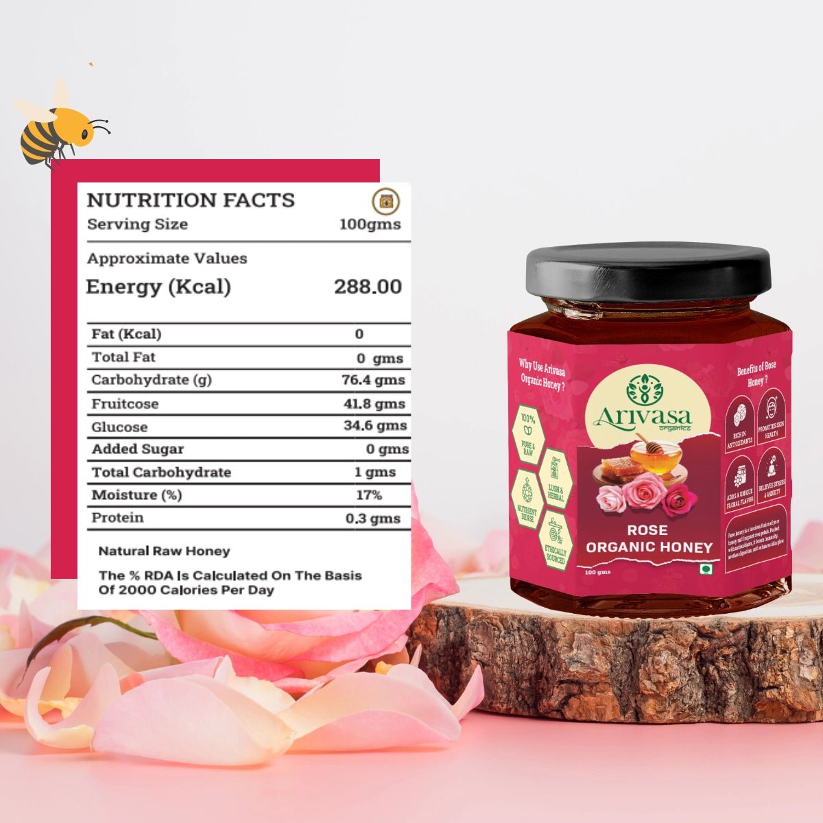 Organic Honey of Rose | Pure, Natural & Lab - Tested with NMR - Arivasa Organics - 100 gms - 
