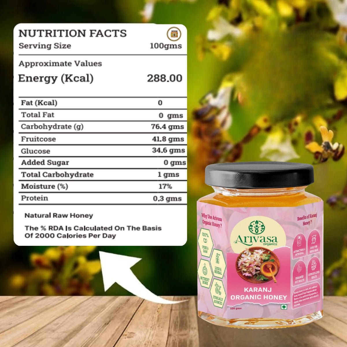 Karanj Organic Honey | Pure, Natarual & NMR Lab - Tested - Arivasa Organics - 100 gms - 
