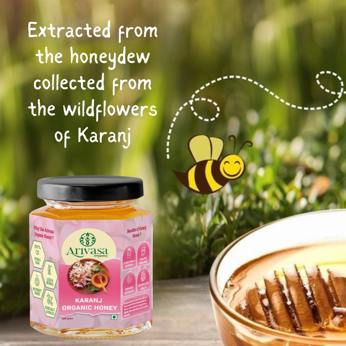 Karanj Organic Honey | Pure, Natarual & NMR Lab - Tested - Arivasa Organics - 100 gms - 