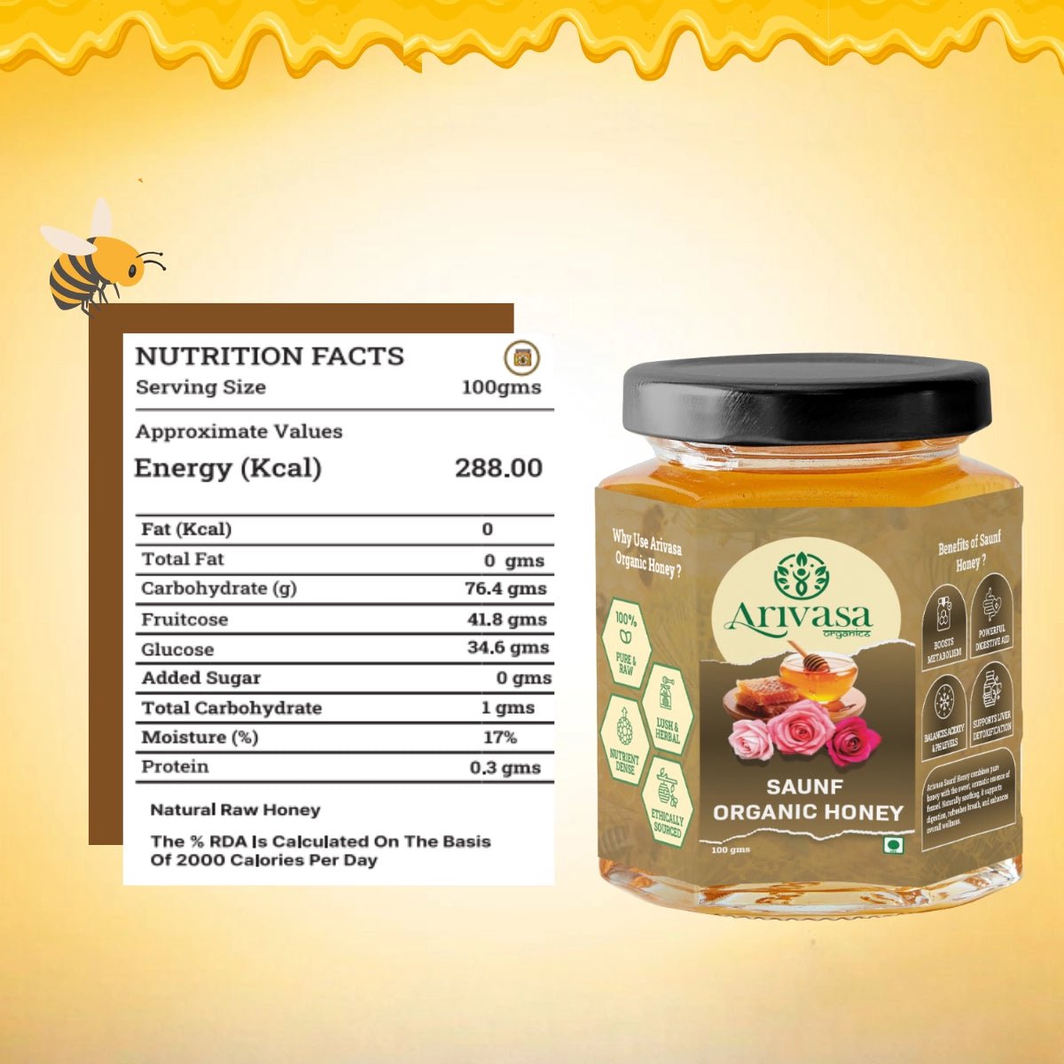 Saunf Organic Honey | Pure, Aromatic & NMR Lab - Tested - Arivasa Organics - 100 gms - 