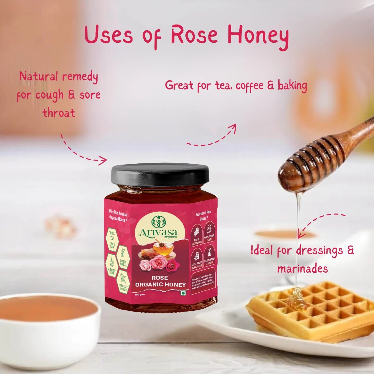 Organic Honey of Rose | Pure, Natural & Lab - Tested with NMR - Arivasa Organics - 100 gms - 