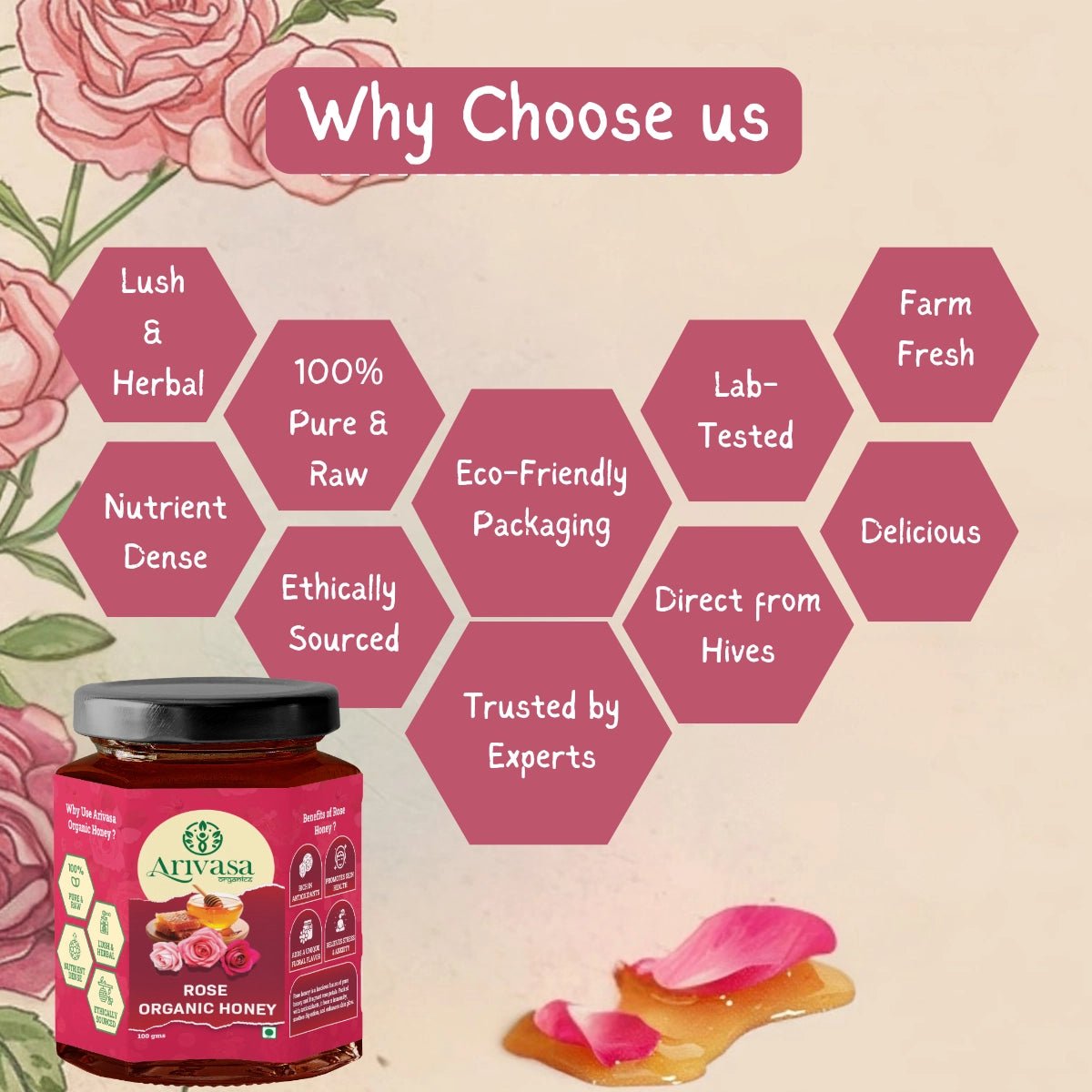 Organic Honey of Rose | Pure, Natural & Lab - Tested with NMR - Arivasa Organics - 100 gms - 