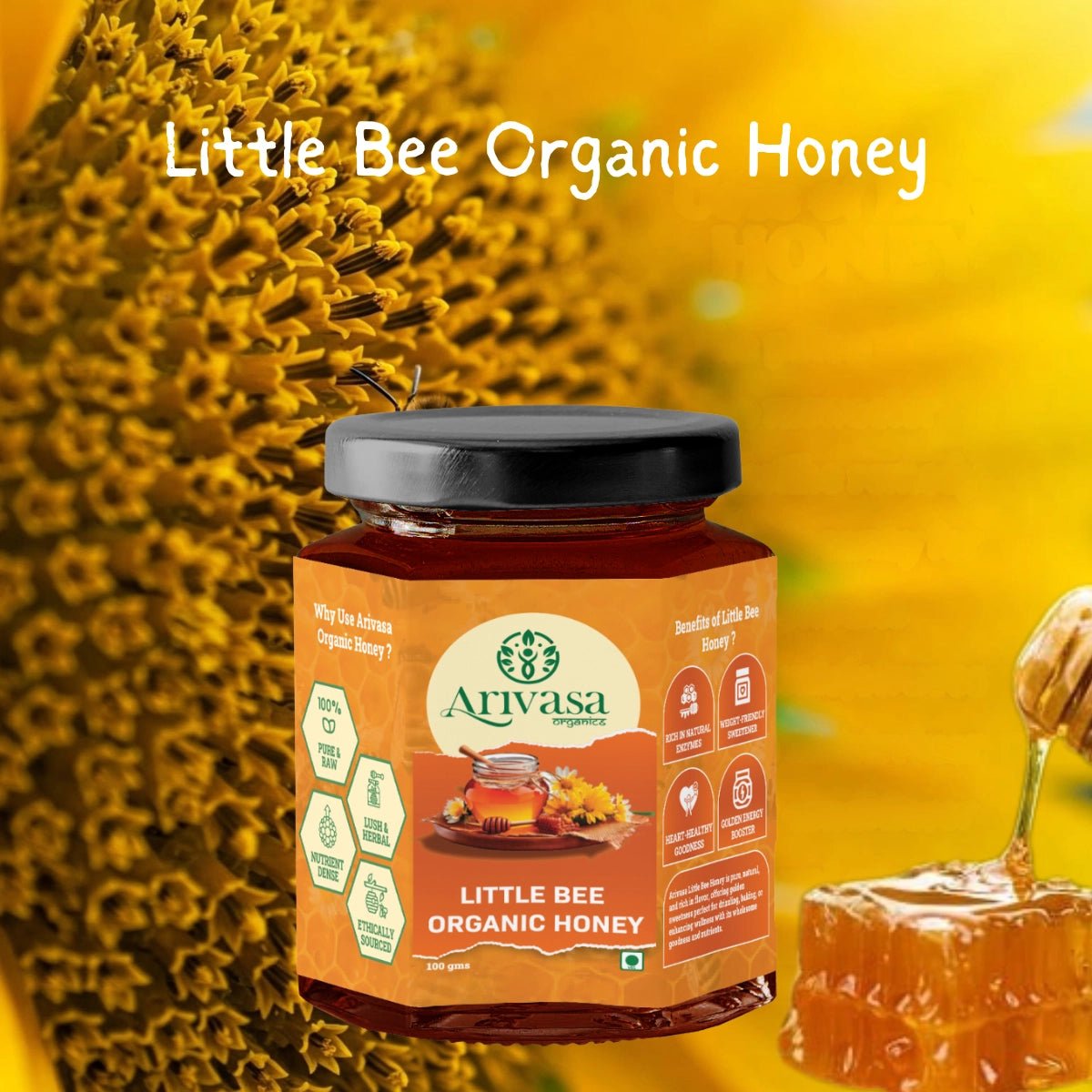 Organic Little Bee Honey | Pure, Natural & NMR Lab - Tested - Arivasa Organics - 100 gms - 