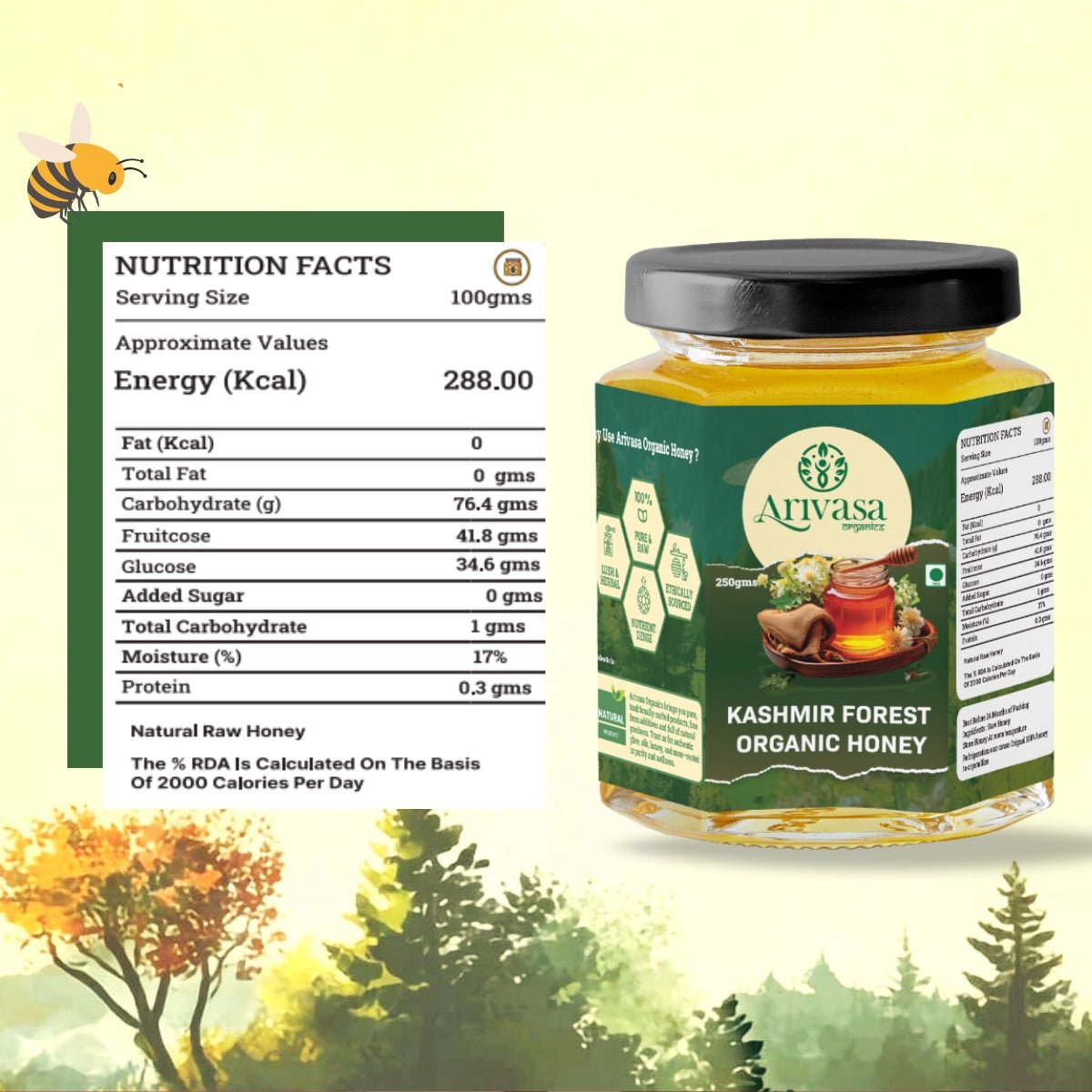Organic Kashmir Forest Honey | Pure & NMR Lab - Tested - Arivasa Organics - 250 gms - 
