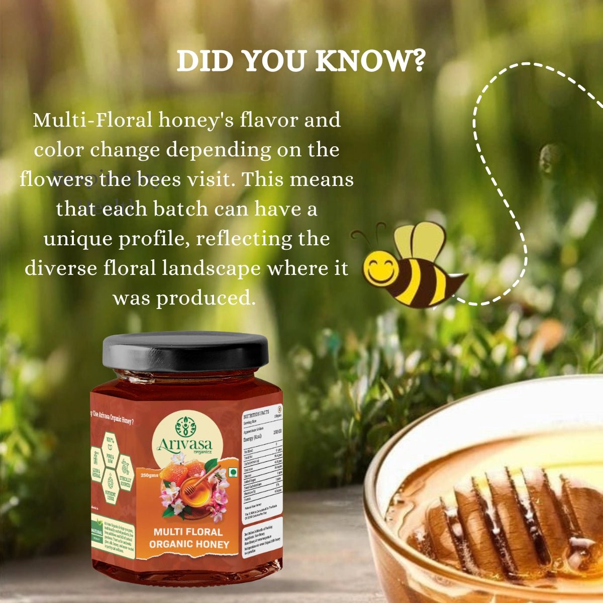Organic Multi Floral Honey | Pure, Natural & NMR Lab - Tested - Arivasa Organics - 250 gms - 
