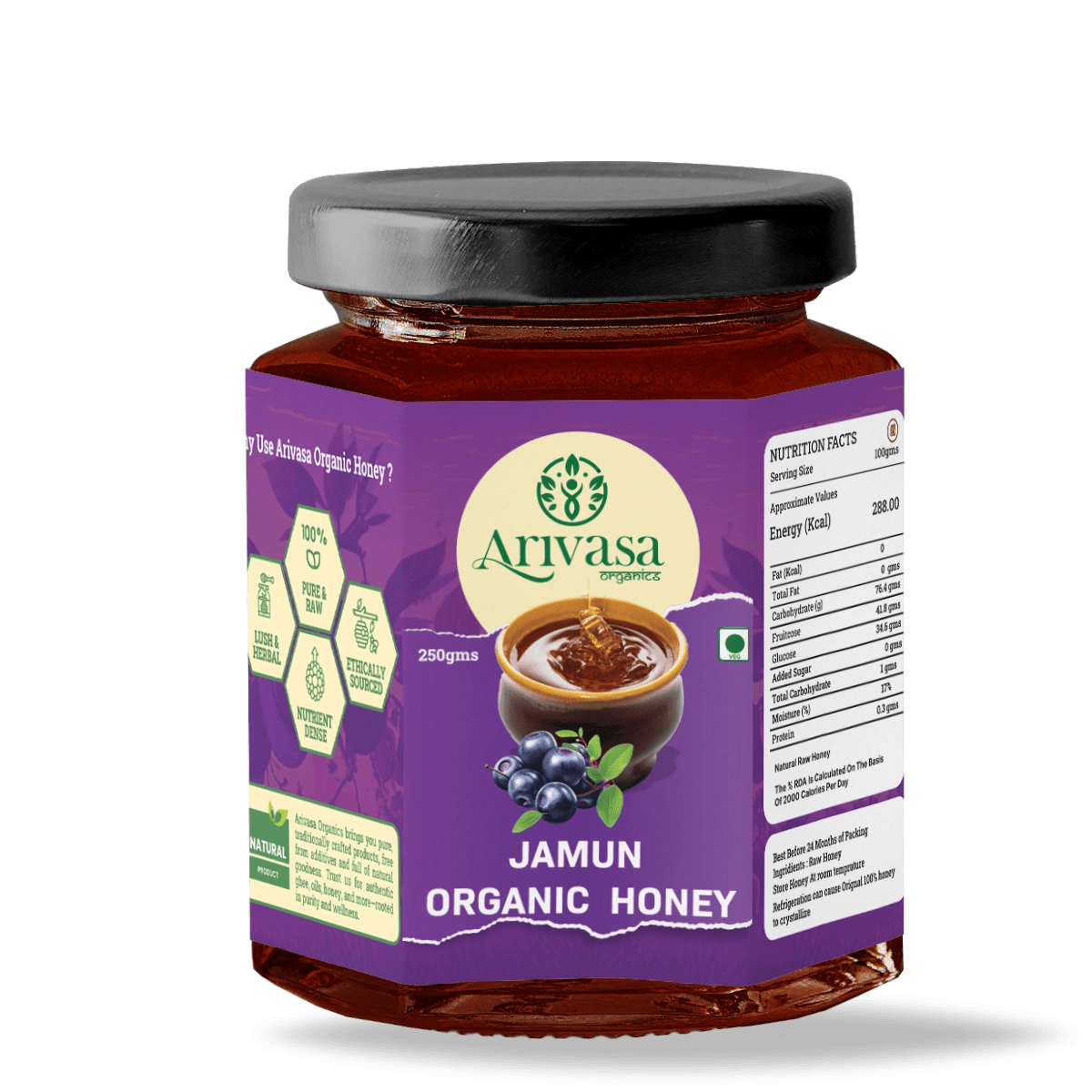 Jamun Organic Honey | Pure, Natural & NMR Lab - Tested - Arivasa Organics - 250 gms - 