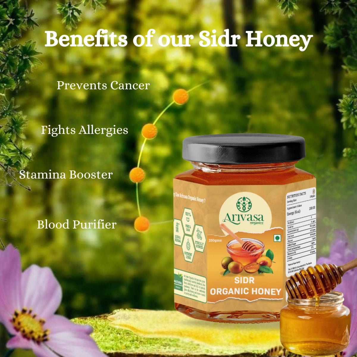 Sidr Organic Honey | Natural, Pure & NMR Lab - Tested - Arivasa Organics - 250 gms - 