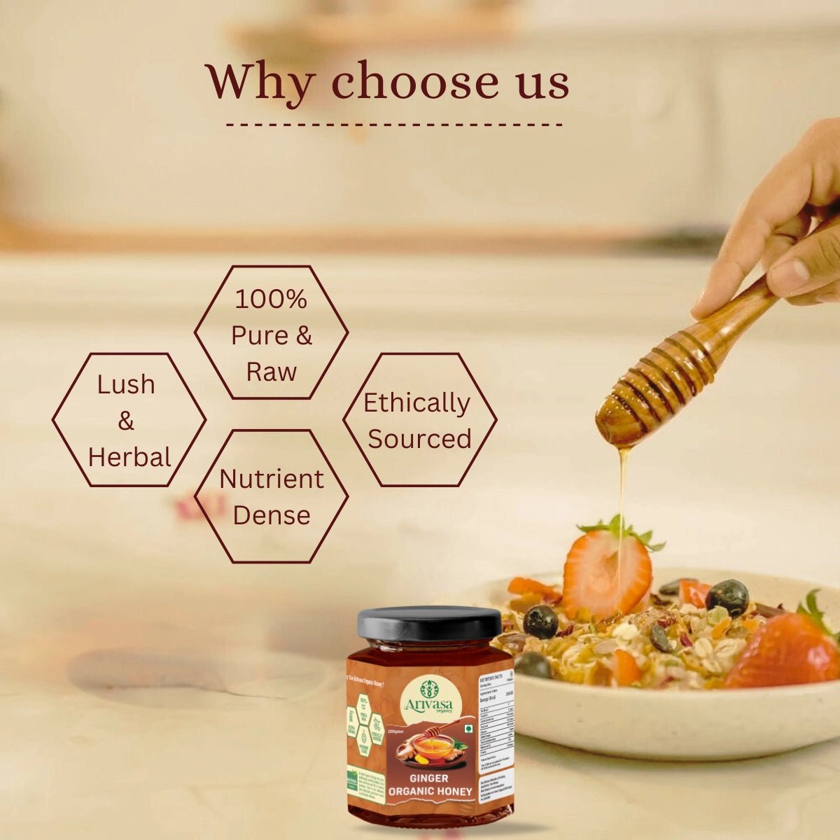 Organic Ginger Honey | Pure, Natural & NMR Lab - Tested - Arivasa Organics - 250 gms - 