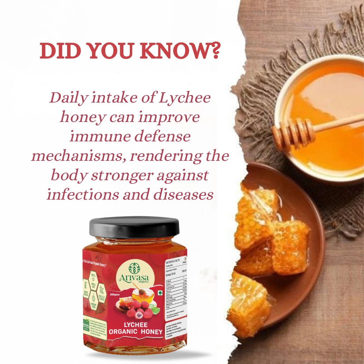 Lychee Organic Honey | Fruity, Pure & NMR Tested - Arivasa Organics - 250 gms - 