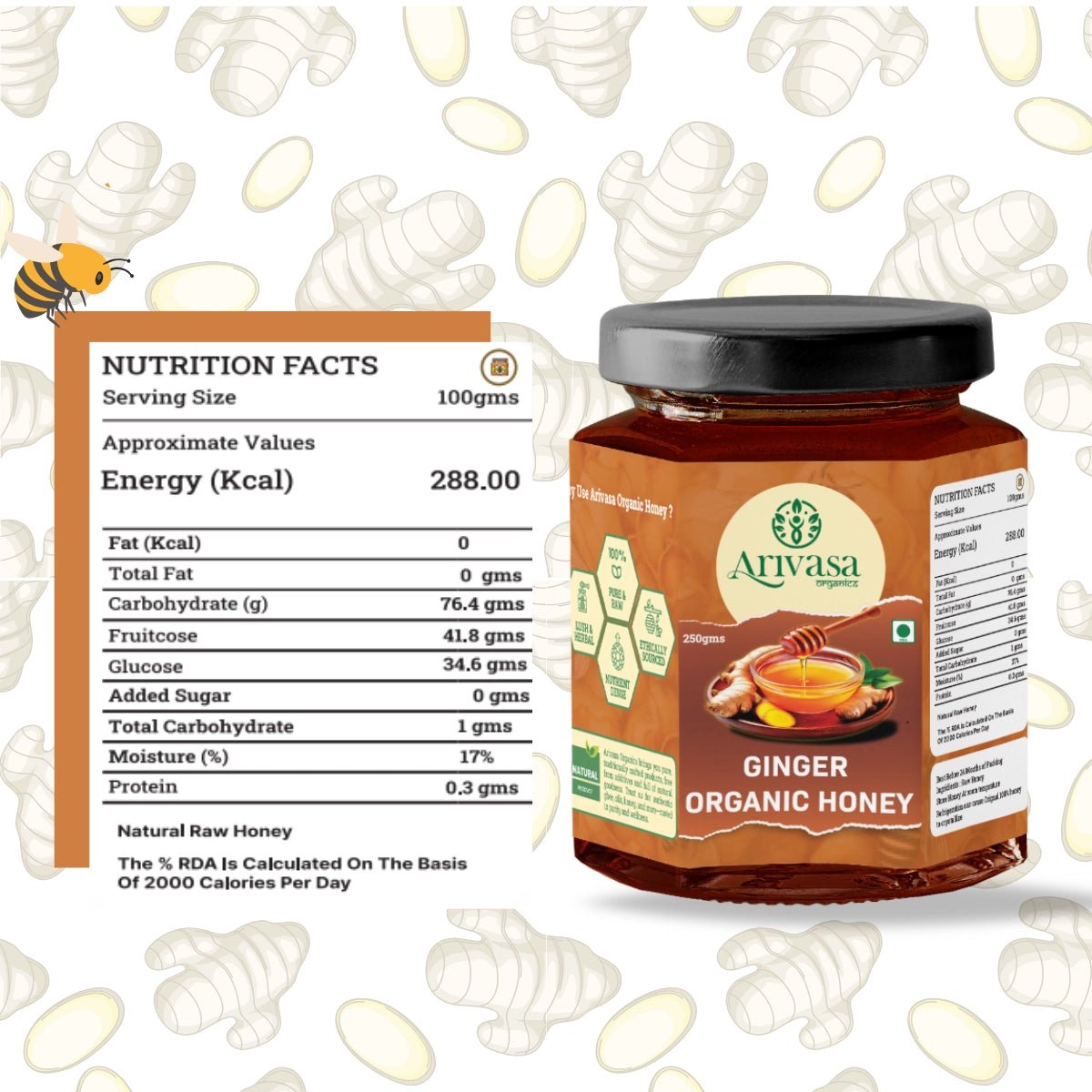 Organic Ginger Honey | Pure, Natural & NMR Lab - Tested - Arivasa Organics - 250 gms - 