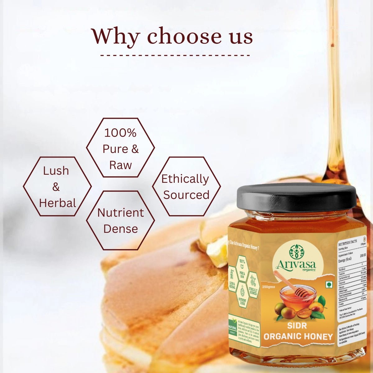 Sidr Organic Honey | Natural, Pure & NMR Lab - Tested - Arivasa Organics - 250 gms - 