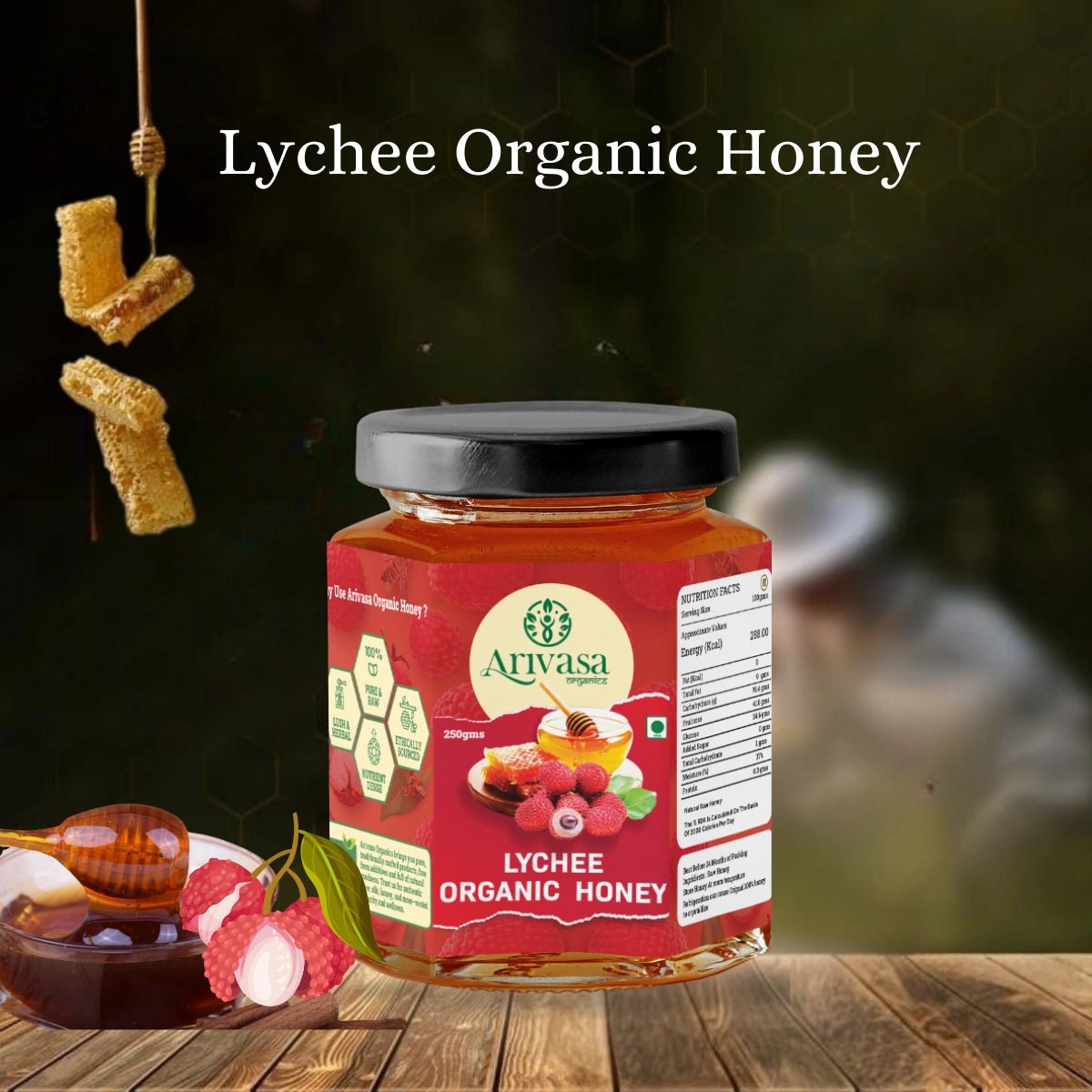 Lychee Organic Honey | Fruity, Pure & NMR Tested - Arivasa Organics - 250 gms - 