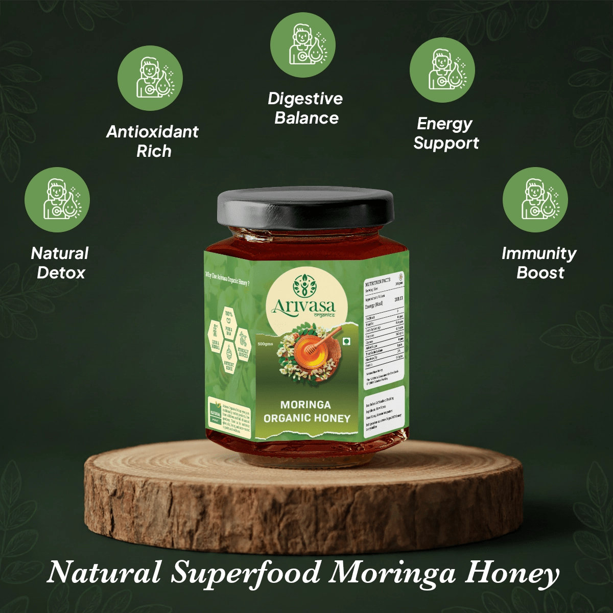 Moringa organic honey | Pure, natural & lab - tested - Arivasa Organics - 250 gms - 