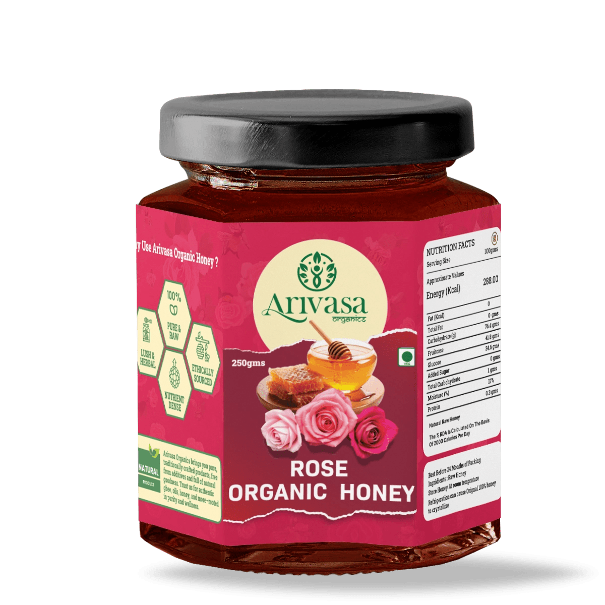 Organic Honey of Rose | Pure, Natural & Lab - Tested with NMR - Arivasa Organics - 250 gms - 
