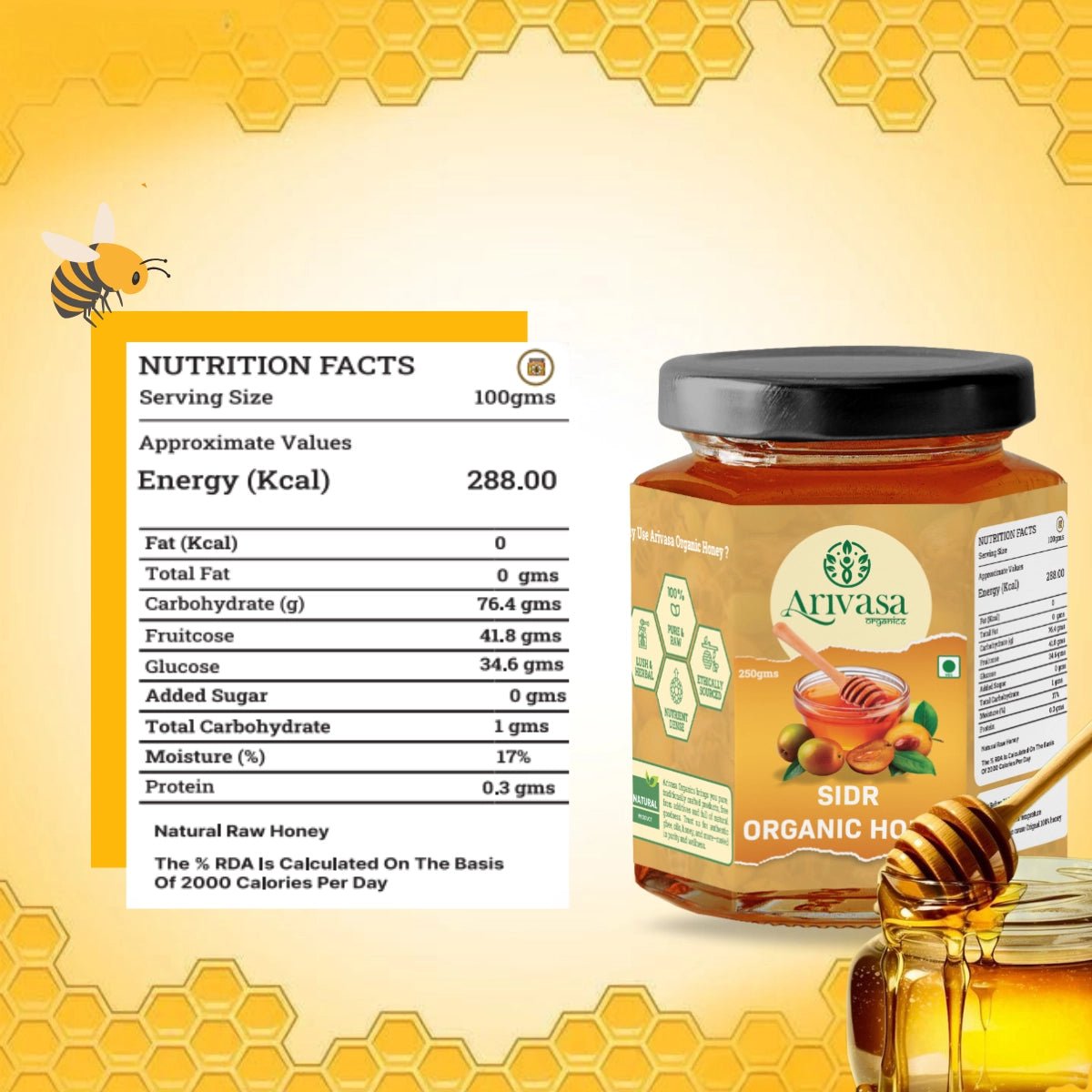 Sidr Organic Honey | Natural, Pure & NMR Lab - Tested - Arivasa Organics - 250 gms - 