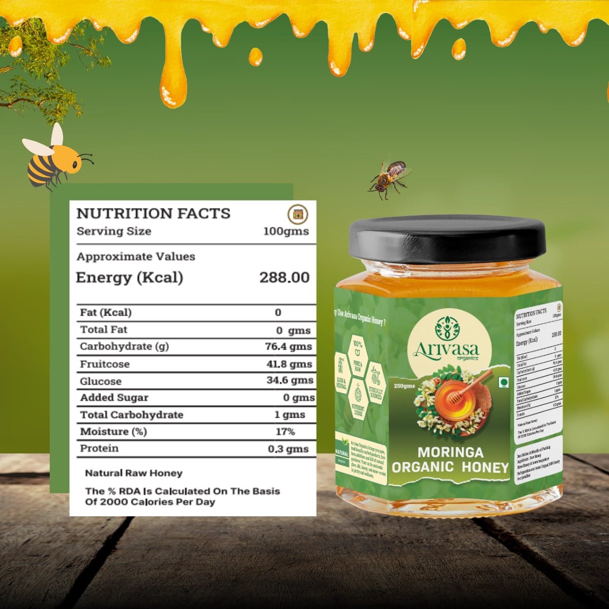 Moringa organic honey | Pure, natural & NMR lab - tested - Arivasa Organics - 250 gms - 