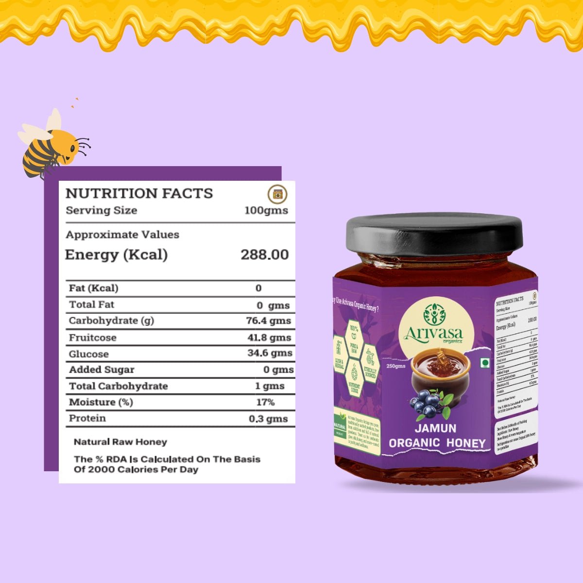 Jamun Organic Honey | Pure, Natural & NMR Lab - Tested - Arivasa Organics - 250 gms - 