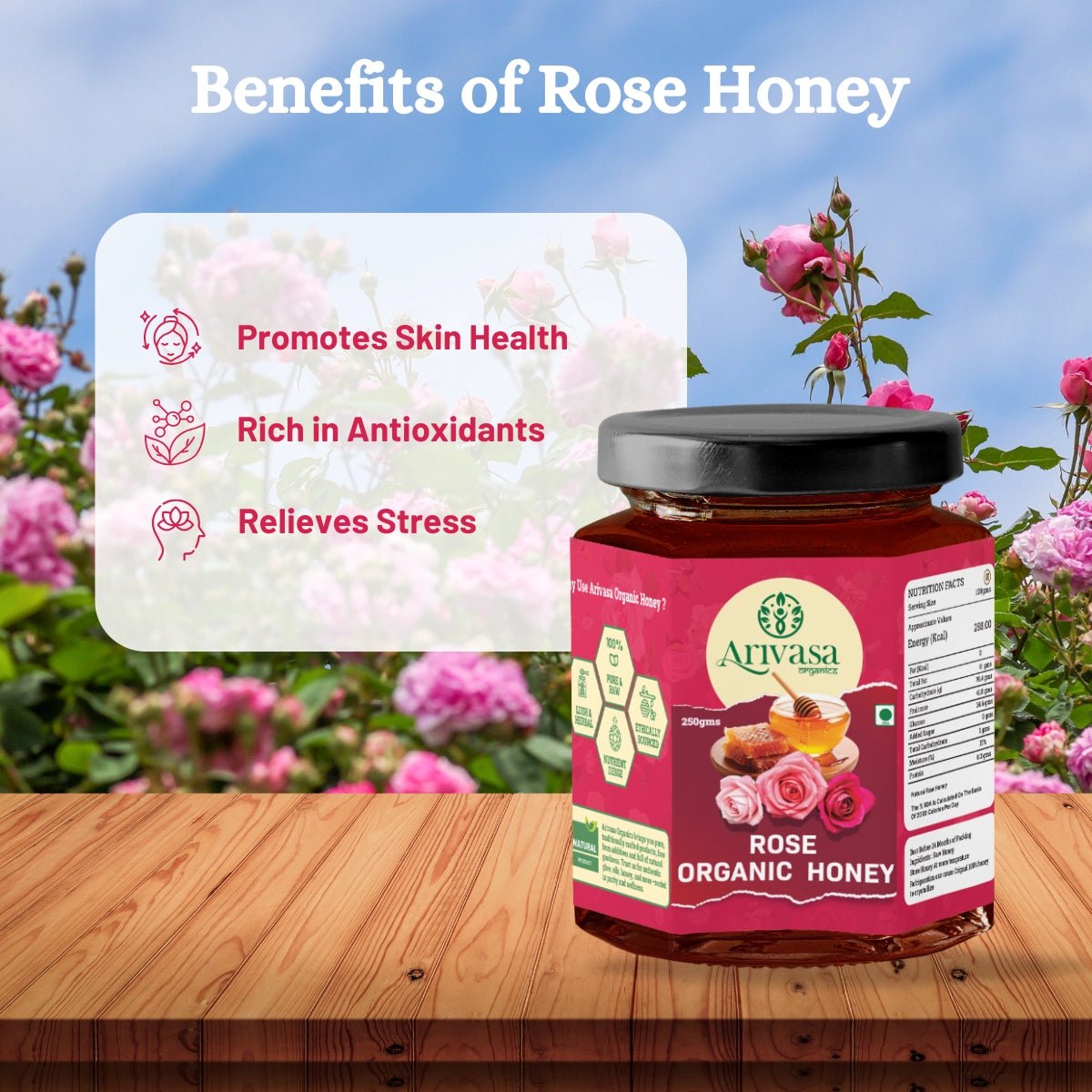 Organic Honey of Rose | Pure, Natural & Lab - Tested with NMR - Arivasa Organics - 250 gms - 