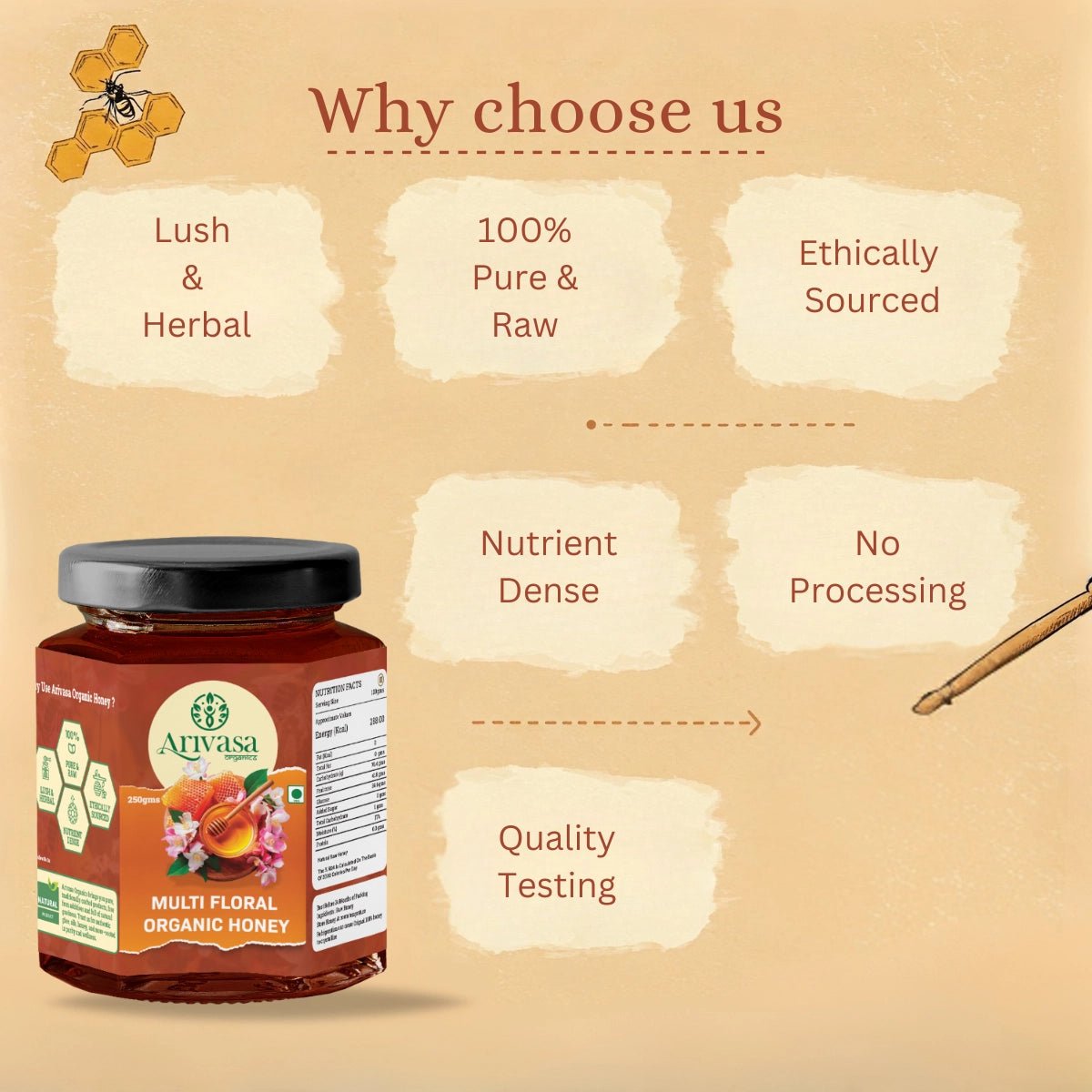 Organic Multi Floral Honey | Pure, Natural & NMR Lab - Tested - Arivasa Organics - 250 gms - 