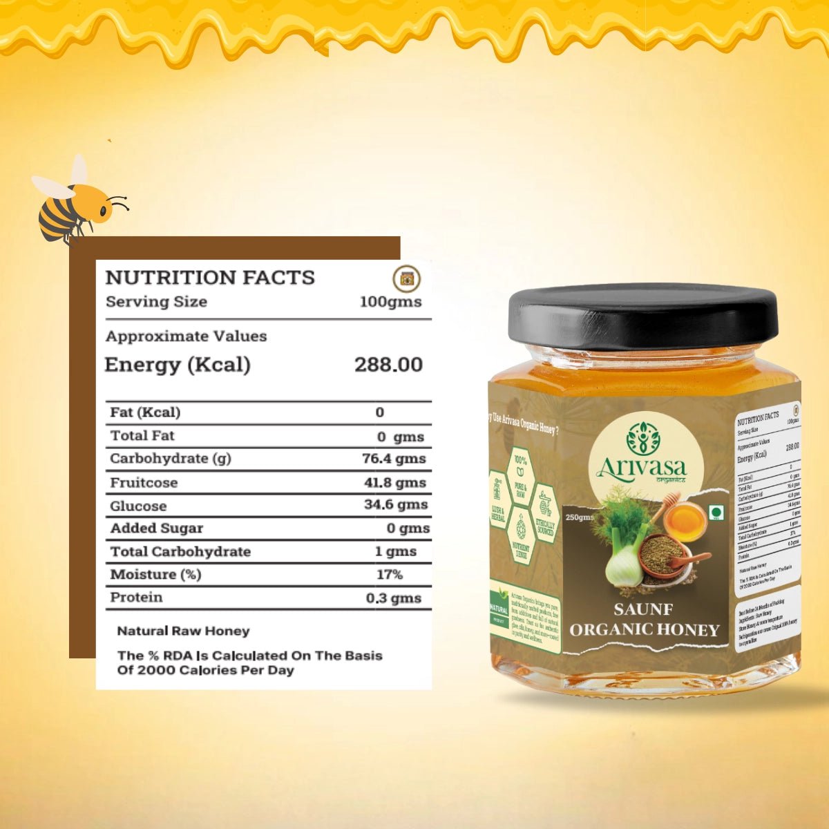Saunf Organic Honey | Pure, Aromatic & NMR Lab - Tested - Arivasa Organics - 250 gms - 