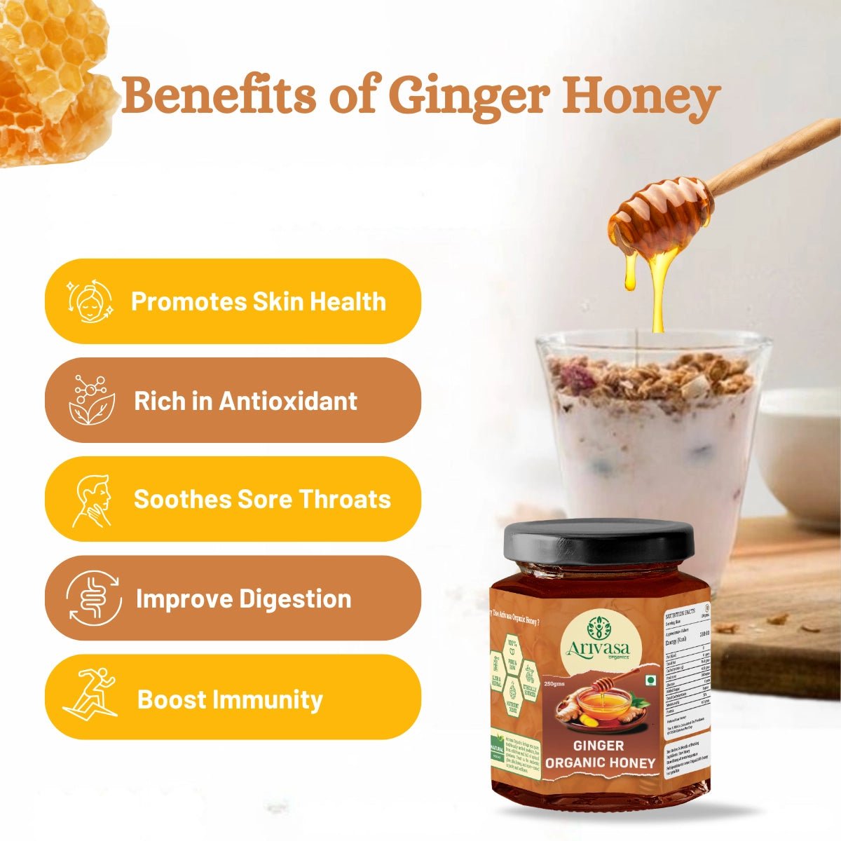 Organic Ginger Honey | Pure, Natural & NMR Lab - Tested - Arivasa Organics - 250 gms - 