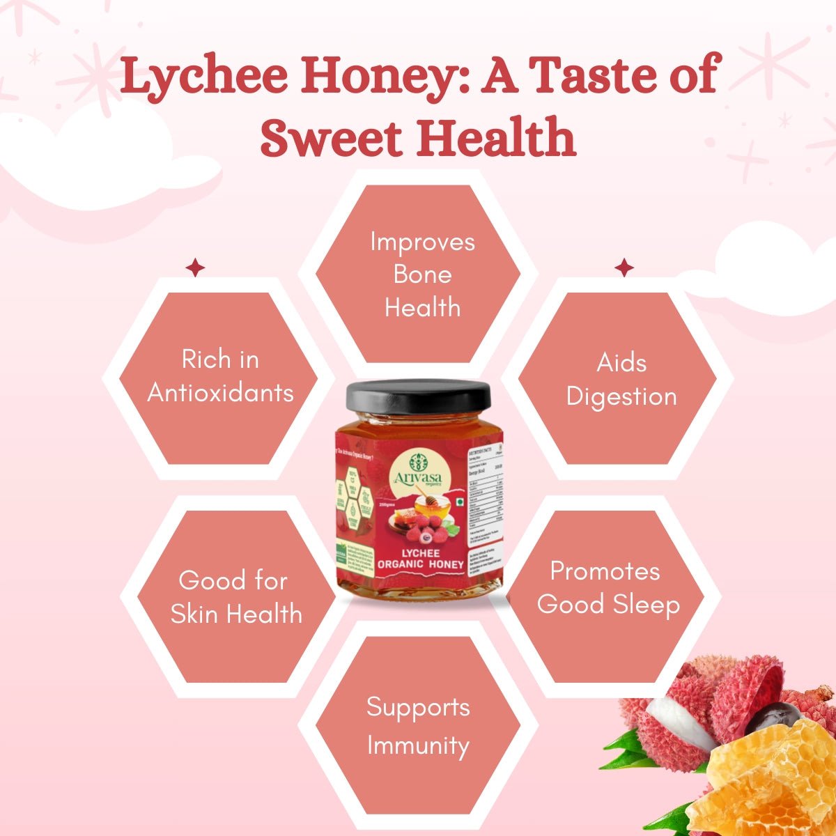 Lychee Organic Honey | Fruity, Pure & NMR Tested - Arivasa Organics - 250 gms - 