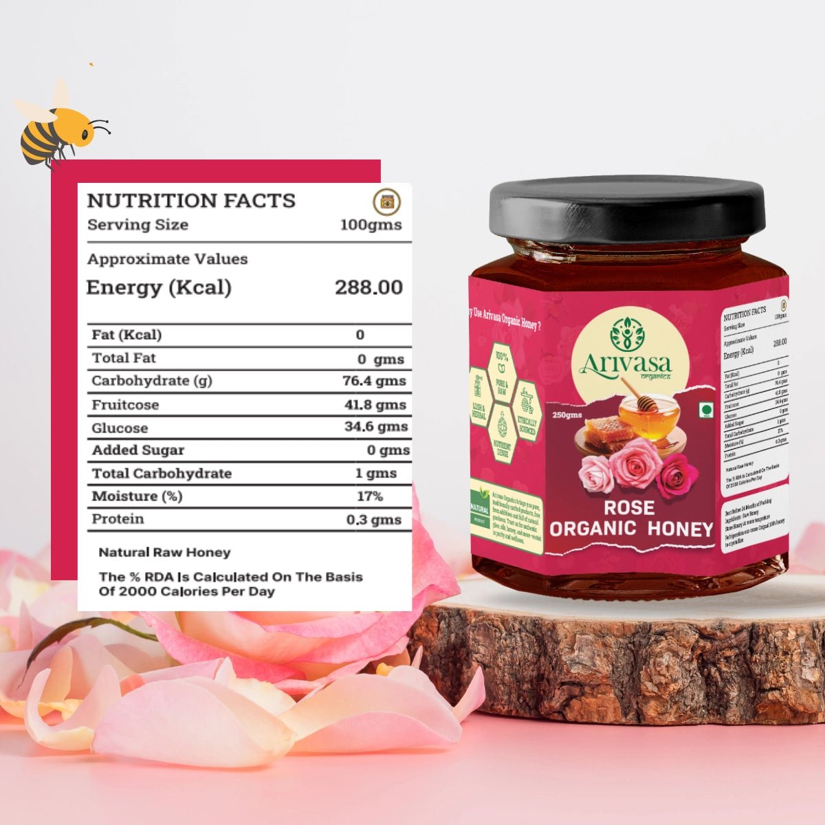 Organic Honey of Rose | Pure, Natural & Lab - Tested with NMR - Arivasa Organics - 250 gms - 