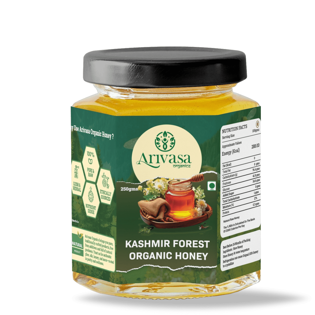 Organic Kashmir Forest Honey | Pure & NMR Lab - Tested - Arivasa Organics - 250 gms - 
