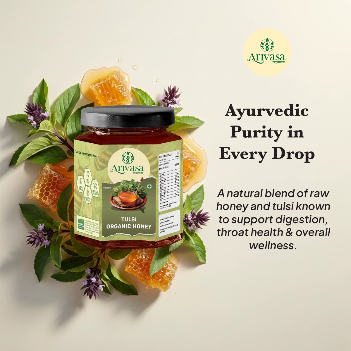 Tulsi Organic Honey | Pure, Floral & Lab - Tested - Arivasa Organics - 250 gms - 