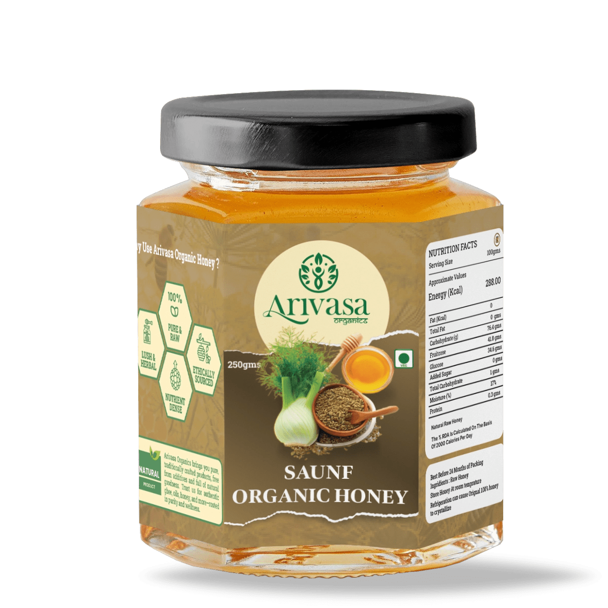 Saunf Organic Honey | Pure, Aromatic & NMR Lab - Tested - Arivasa Organics - 250 gms - 