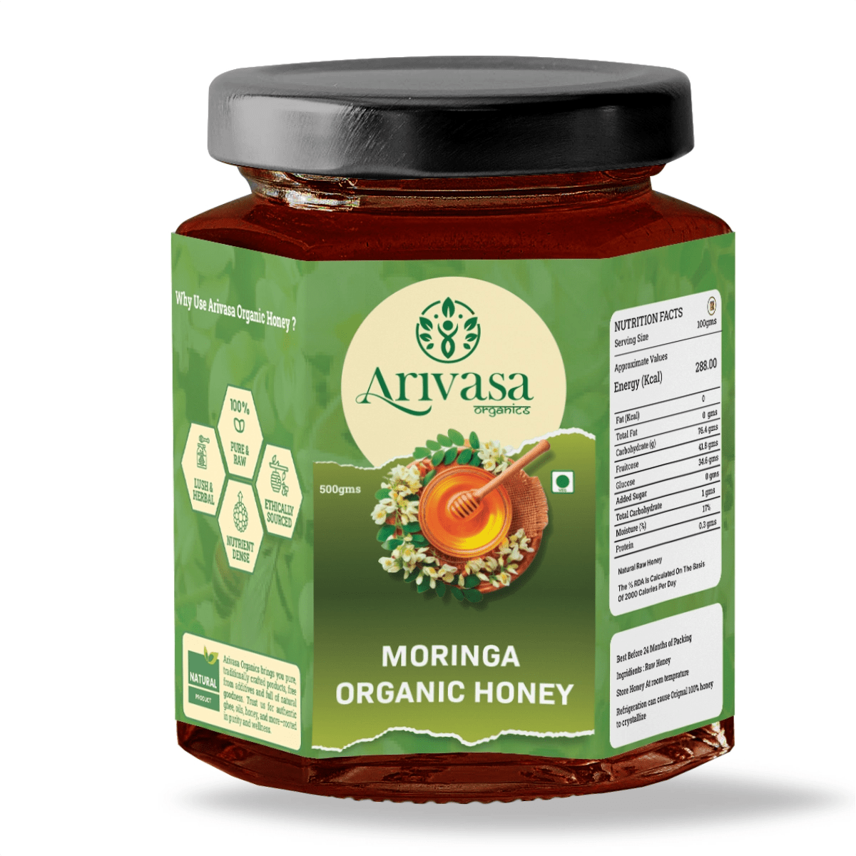 Moringa organic honey | Pure, natural & lab - tested - Arivasa Organics - 250 gms - 