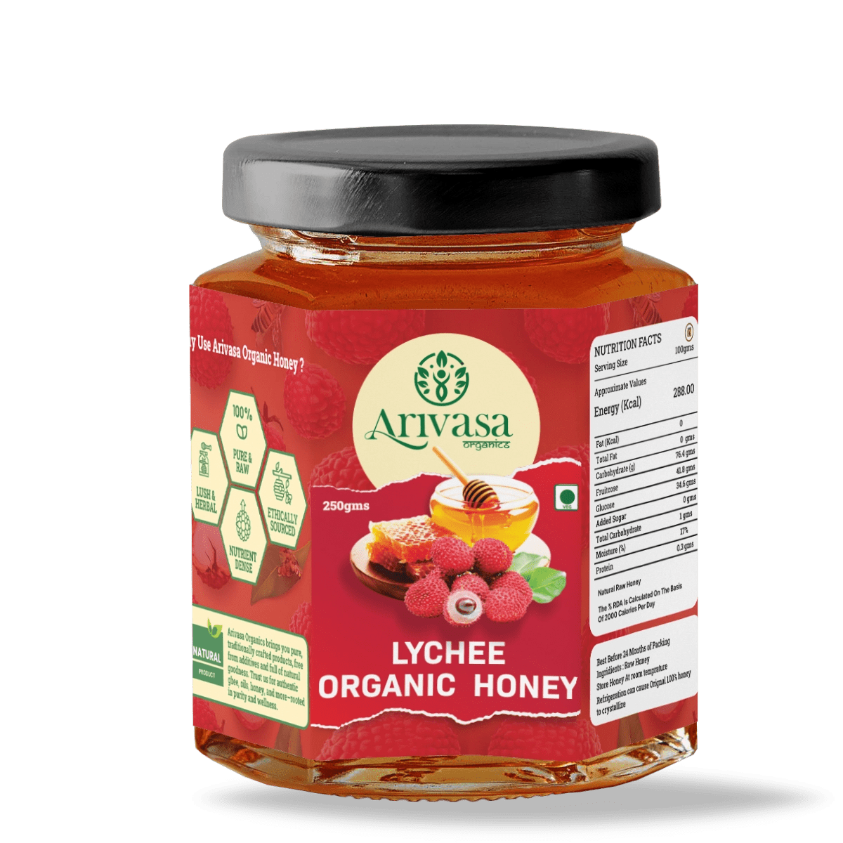 Lychee Organic Honey | Fruity, Pure & NMR Tested - Arivasa Organics - 250 gms - 
