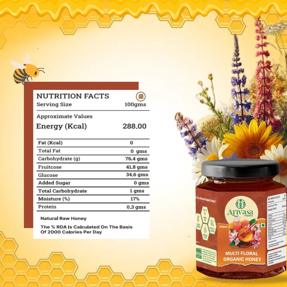 Organic Multi Floral Honey | Pure, Natural & NMR Lab - Tested - Arivasa Organics - 250 gms - 