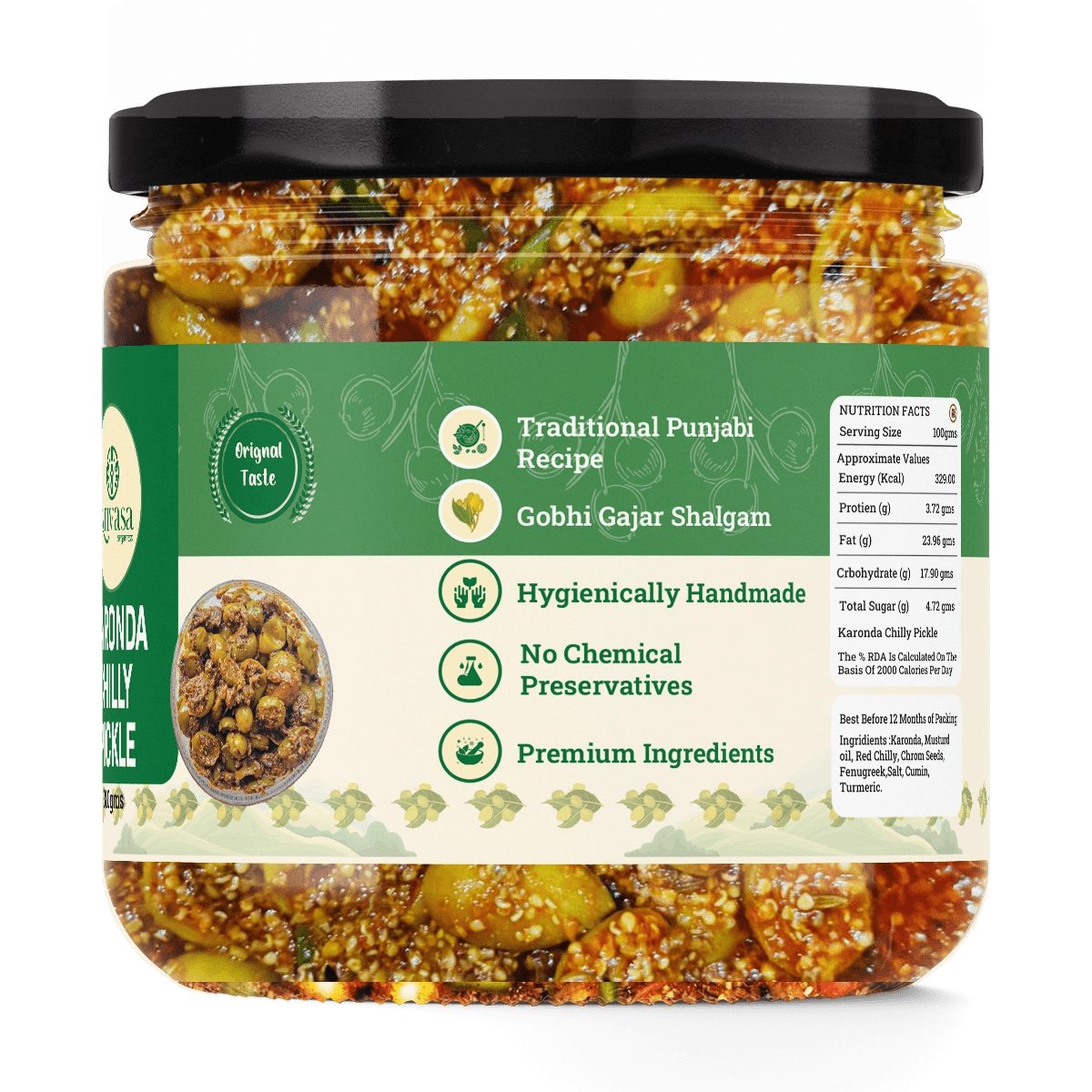 Karonda Achar | Handmade Karonda Pickle | Traditional North Indian Taste - Arivasa Organics - 310 Gms - 