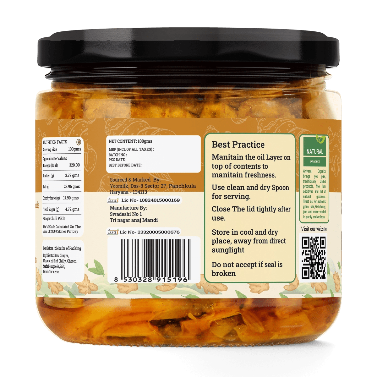 Adrak Achar | Handmade Ginger Pickle | Himachali Traditional Taste - Arivasa Organics - 310Gms - 