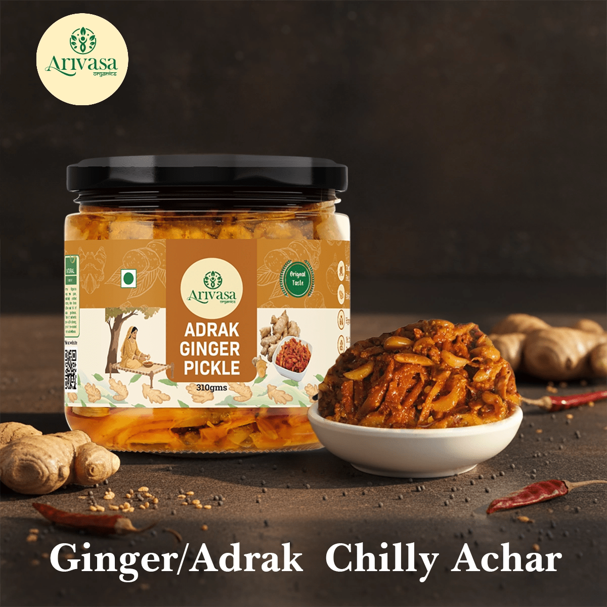 Adrak Achar | Handmade Ginger Pickle | Himachali Traditional Taste - Arivasa Organics - 310Gms - 
