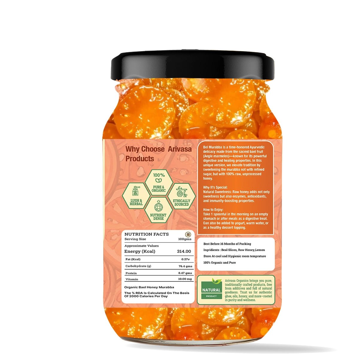 Arivasa Organics Organic Bael Honey Murraba | Honey - Sweetened & Handmade - Arivasa Organics - 500 gm - 