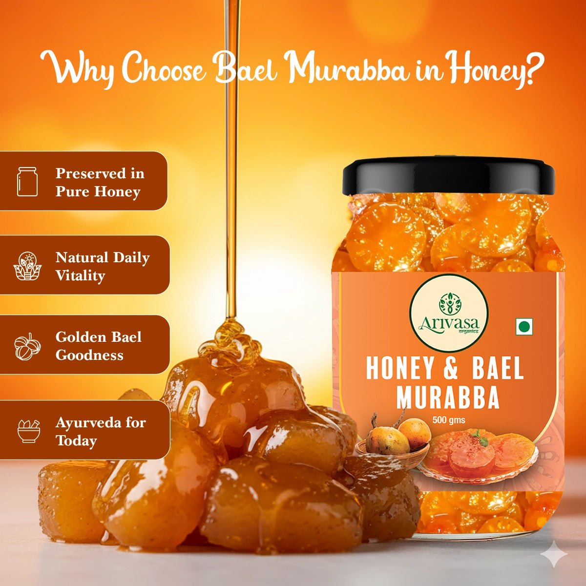 Arivasa Organics Organic Bael Honey Murraba | Honey - Sweetened & Handmade - Arivasa Organics - 500 gm - 