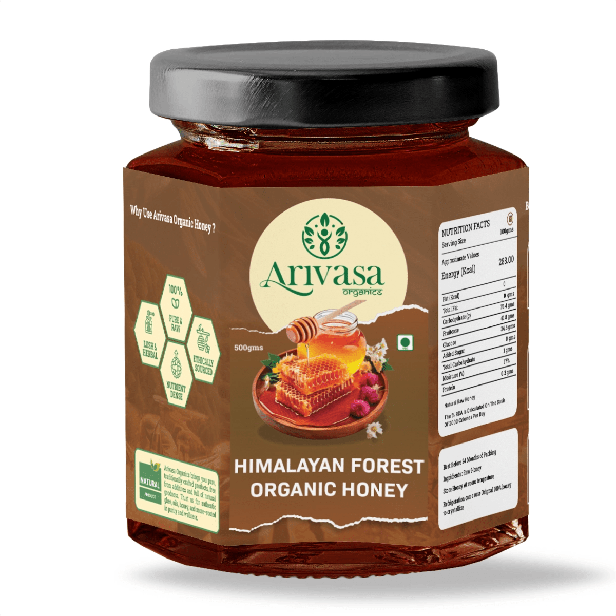 Organic Himalayan Forest Honey | Pure, Natural & Lab - Tested - Arivasa Organics - 500 gms - 