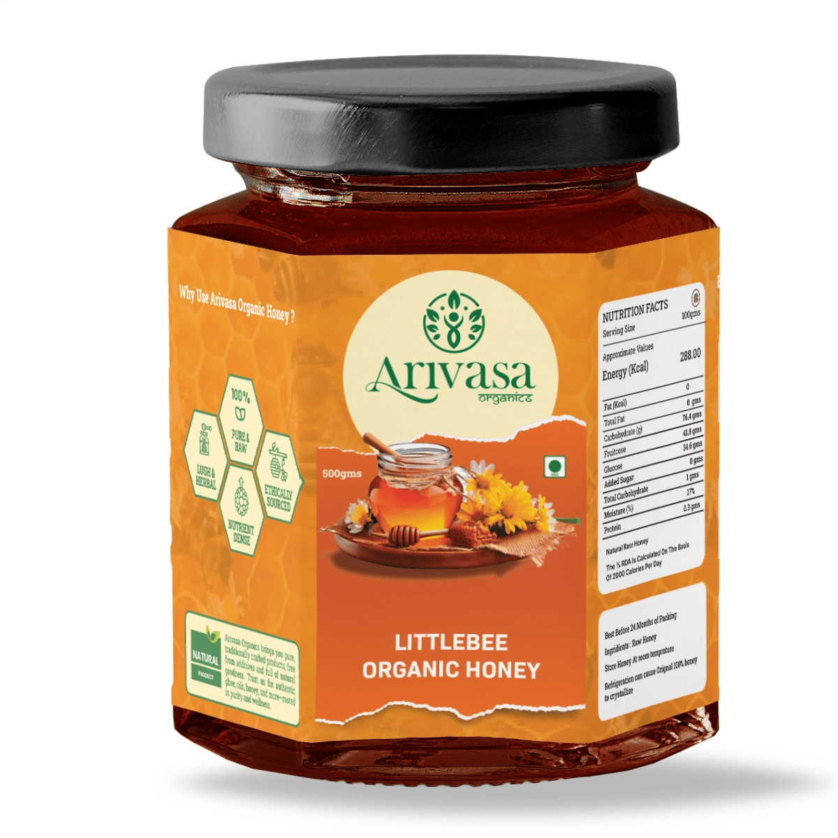 Organic Little Bee Honey | Pure, Natural & Lab - Tested - Arivasa Organics - 500 gms - 