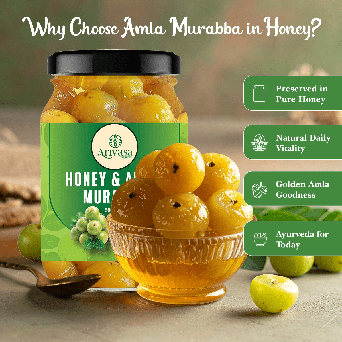 Arivasa Organics Amla Murraba | Honey - Sweetened & Handmade - Arivasa Organics - 500 gms - 