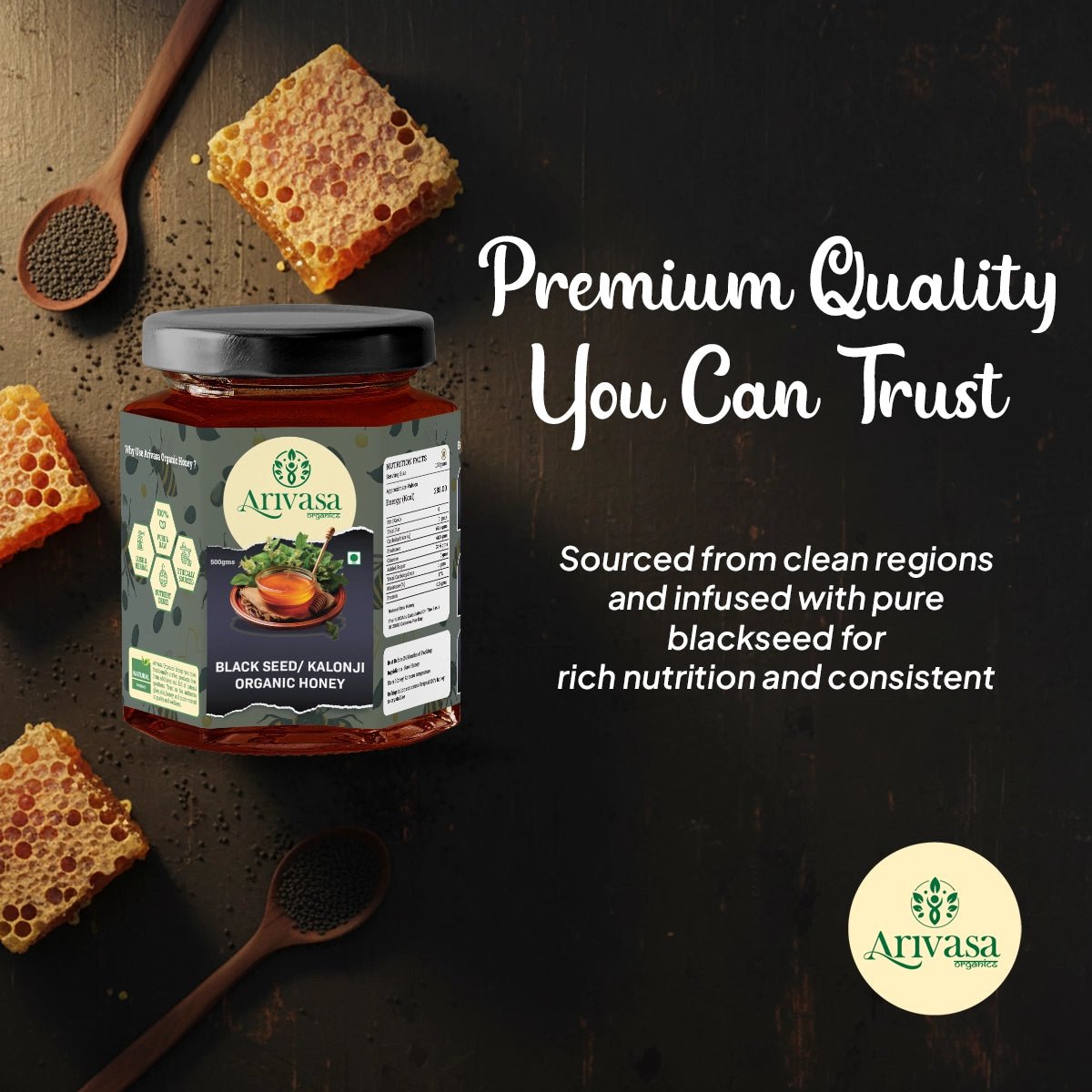 Arivasa Organics Blackseed/ Kalonji Honey | Pure, Raw & Unique - Arivasa Organics - 500 gms - 