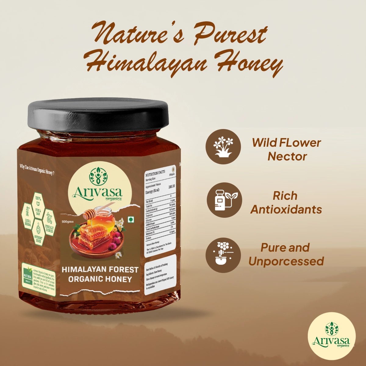 Organic Himalayan Forest Honey | Pure, Natural & Lab - Tested - Arivasa Organics - 500 gms - 