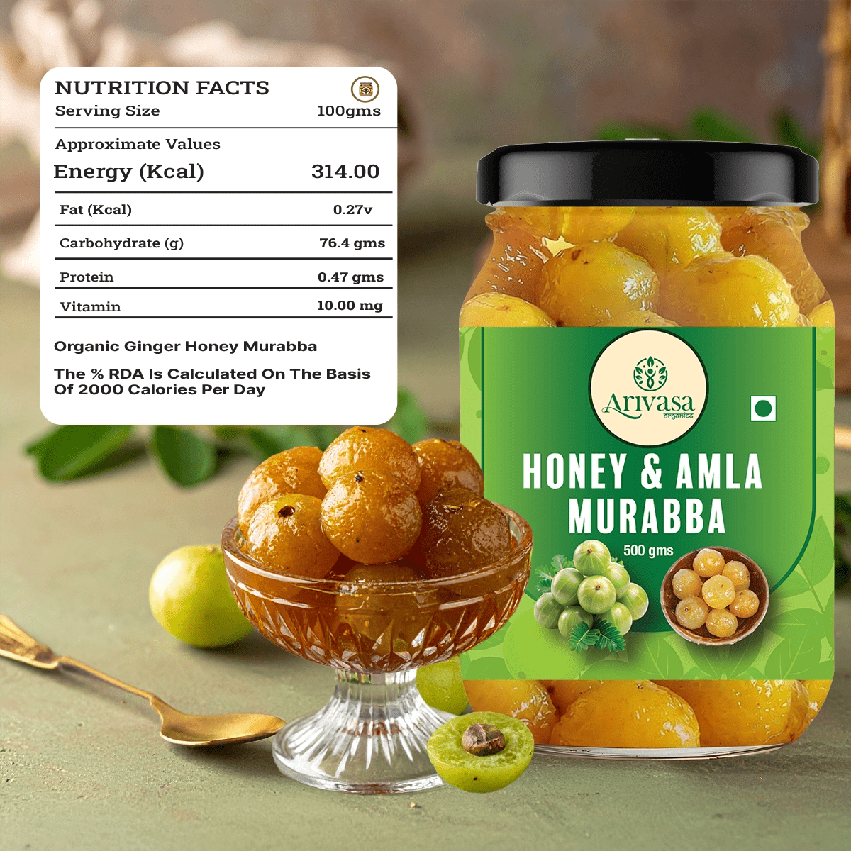 Arivasa Organics Amla Murraba | Honey - Sweetened & Handmade - Arivasa Organics - 500 gms - 