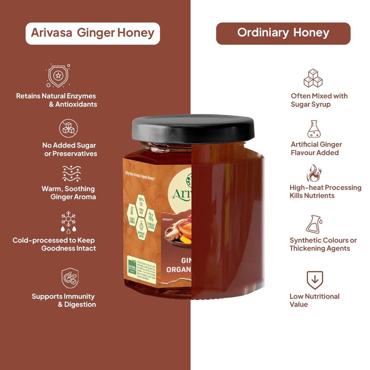 Organic Ginger Honey | Pure, Natural & Lab - Tested - Arivasa Organics - 500 gms - 