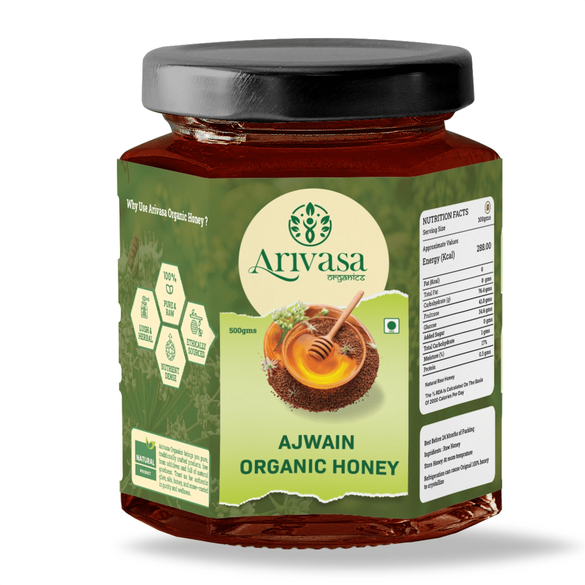 Ajwain Organic Honey | Natural, Pure & Lab - Tested - Arivasa Organics - 500 gms - 