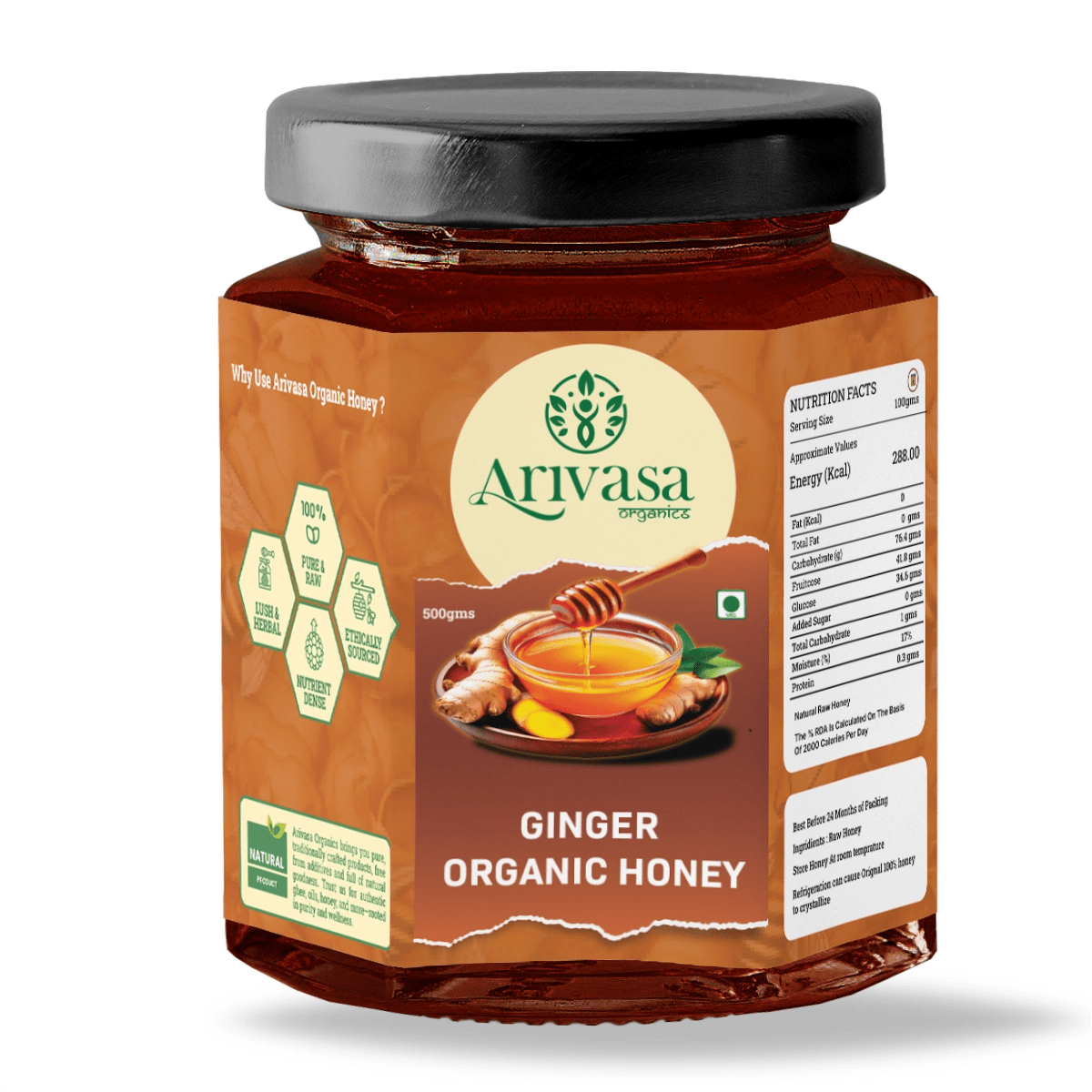 Organic Ginger Honey | Pure, Natural & Lab - Tested - Arivasa Organics - 500 gms - 